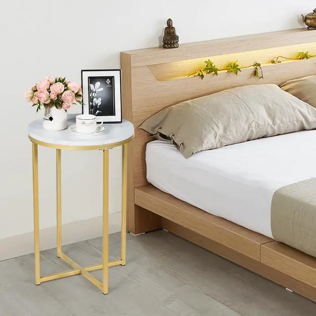 Alt view image 4 of 7 - Costway 2 PCS Round Side End Coffee Table Nightstand Faux Marble Top Metal Frame