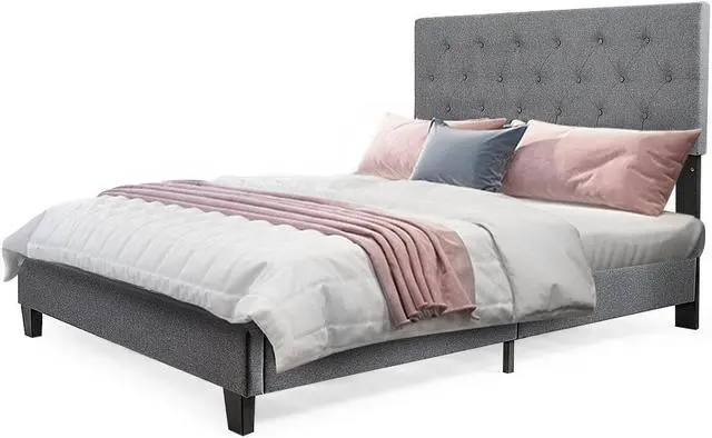 Main image of Queen Size Upholstered Panel Bed W/Linen Panel Headboard Upholstered Wooden Bed