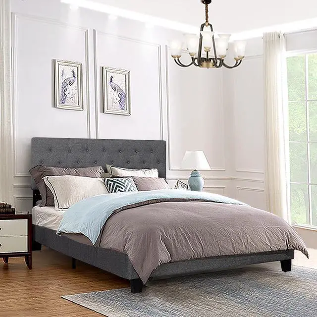 Alt view image 5 of 7 - Queen Size Upholstered Panel Bed W/Linen Panel Headboard Upholstered Wooden Bed