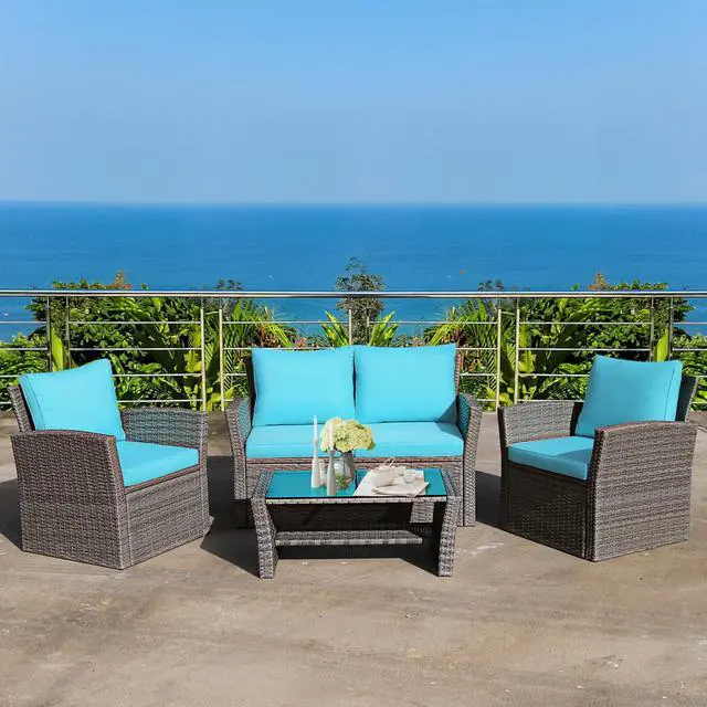 Main image of Costway 4PCS Patio Rattan Furniture Set Sofa Table W/Storage Shelf Turquoise