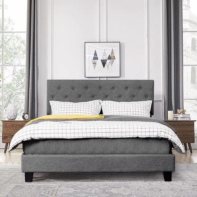 Alt view image 4 of 7 - Queen Size Upholstered Panel Bed W/Linen Panel Headboard Upholstered Wooden Bed