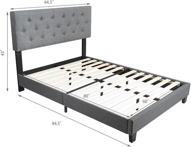 Alt view image 2 of 7 - Queen Size Upholstered Panel Bed W/Linen Panel Headboard Upholstered Wooden Bed