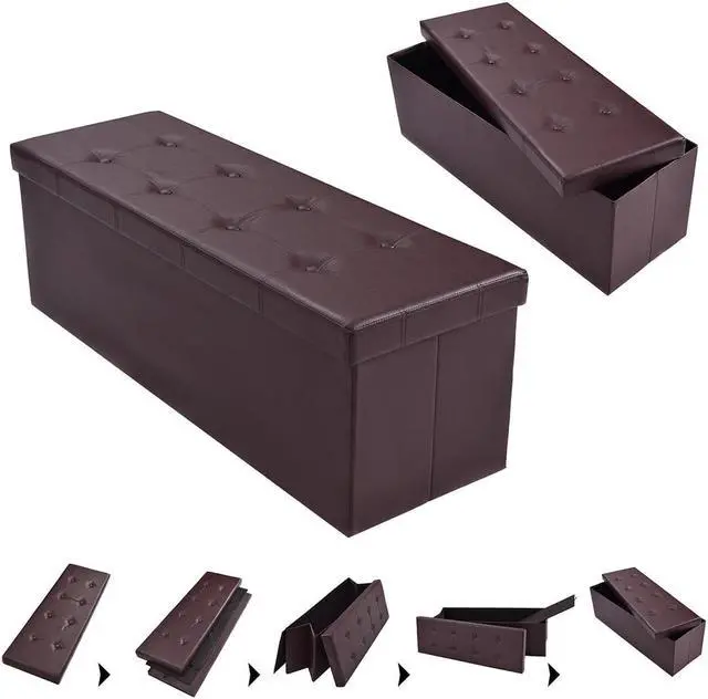Alt view image 2 of 7 - Costway 45''x15''x15'' Large Folding Storage Faux Leather Ottoman Pouffe Box Stool Brown