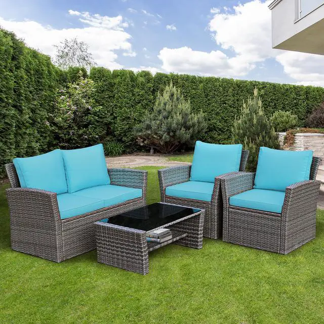 Alt view image 3 of 7 - Costway 4PCS Patio Rattan Furniture Set Sofa Table W/Storage Shelf Turquoise