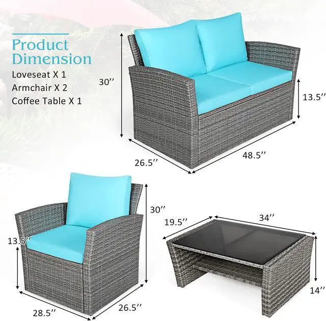 Alt view image 4 of 7 - Costway 4PCS Patio Rattan Furniture Set Sofa Table W/Storage Shelf Turquoise