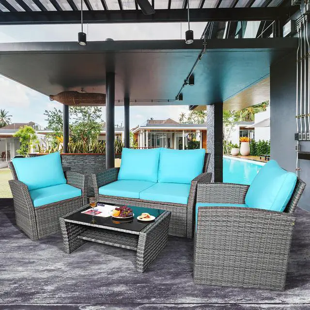 Alt view image 2 of 7 - Costway 4PCS Patio Rattan Furniture Set Sofa Table W/Storage Shelf Turquoise
