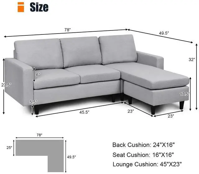 Alt view image 2 of 6 - Costway Convertible Sectional Sofa Couch Fabric L-Shaped Couch w/Reversible Chaise Gray