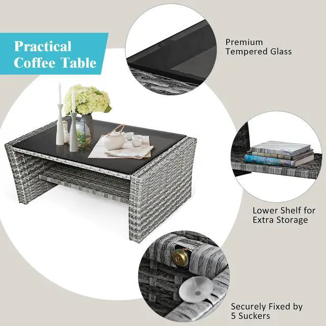 Alt view image 7 of 7 - Costway 4PCS Patio Rattan Furniture Set Sofa Table W/Storage Shelf Turquoise