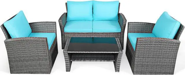 Alt view image 5 of 7 - Costway 4PCS Patio Rattan Furniture Set Sofa Table W/Storage Shelf Turquoise