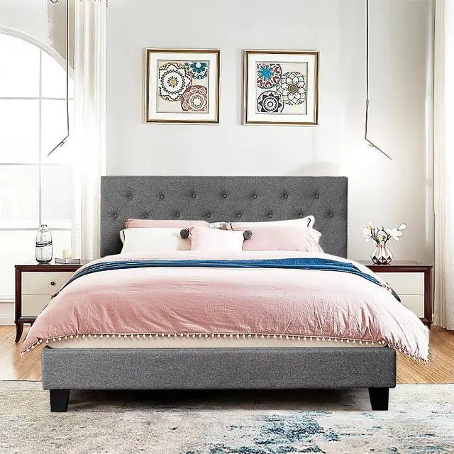 Alt view image 6 of 7 - Queen Size Upholstered Panel Bed W/Linen Panel Headboard Upholstered Wooden Bed
