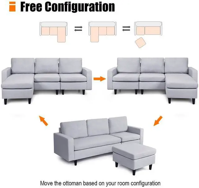 Alt view image 6 of 6 - Costway Convertible Sectional Sofa Couch Fabric L-Shaped Couch w/Reversible Chaise Gray