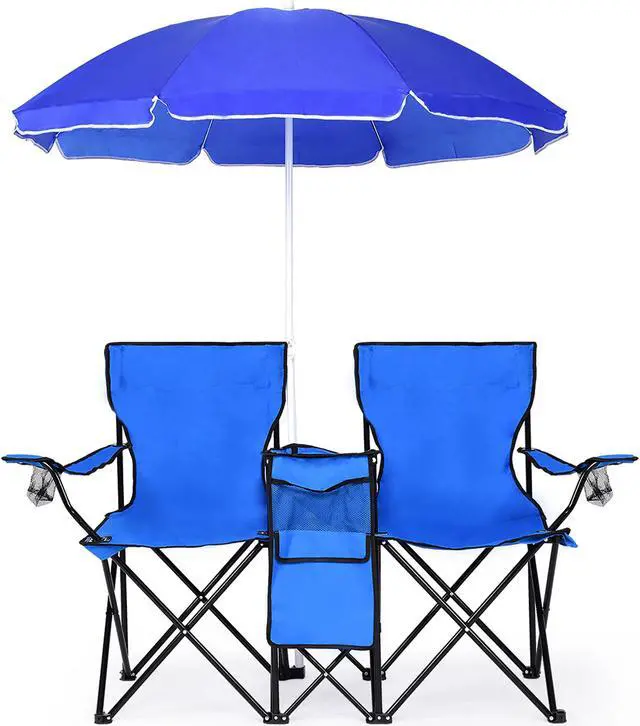 Alt view image 3 of 7 - Costway Portable Folding Picnic Double Chair W/Umbrella Table Cooler Beach Camping Chair