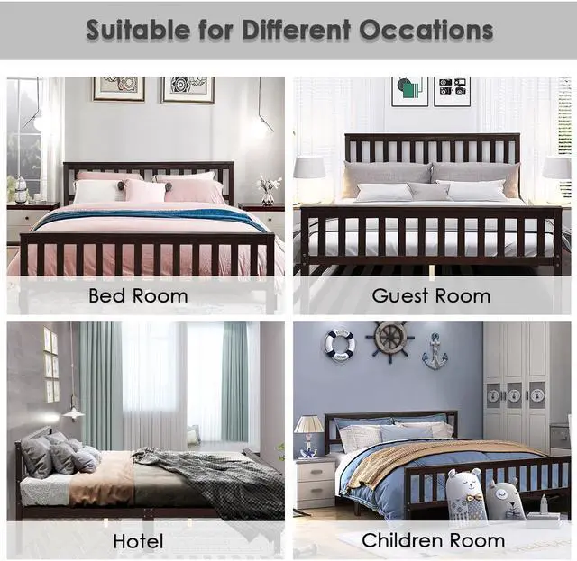 Alt view image 5 of 7 - Wood Bed Frame Wood Slats Support Platform W/ Headboard &Footboard Queen Size