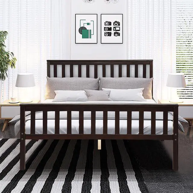 Alt view image 3 of 7 - Wood Bed Frame Wood Slats Support Platform W/ Headboard &Footboard Queen Size