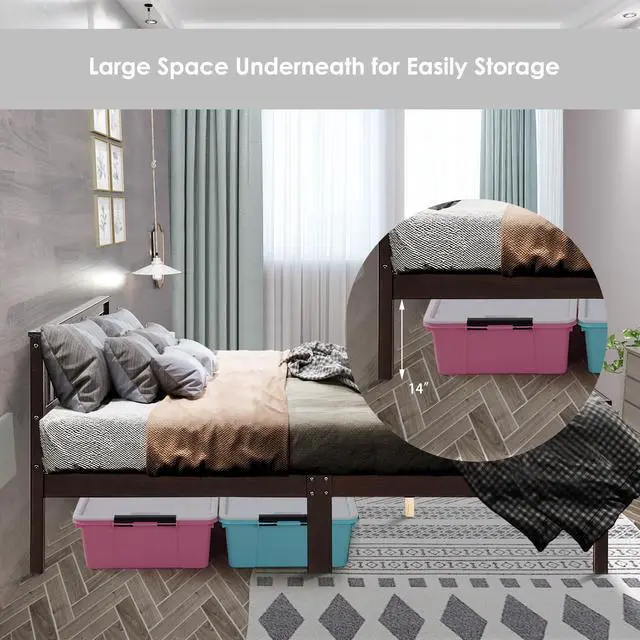 Alt view image 6 of 7 - Wood Bed Frame Wood Slats Support Platform W/ Headboard &Footboard Queen Size