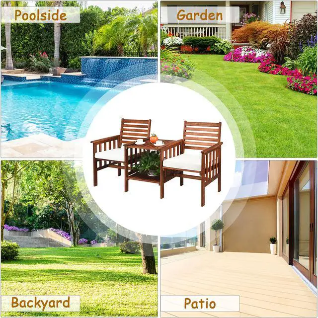 Alt view image 5 of 7 - Costway Patio Loveseat Conversation Set Acacia Wood Chair Coffee Table Cushioned White