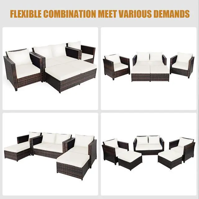 Alt view image 4 of 5 - Costway 5PCS Patio Rattan Furniture Set Loveseat Sofa Ottoman Cushioned White