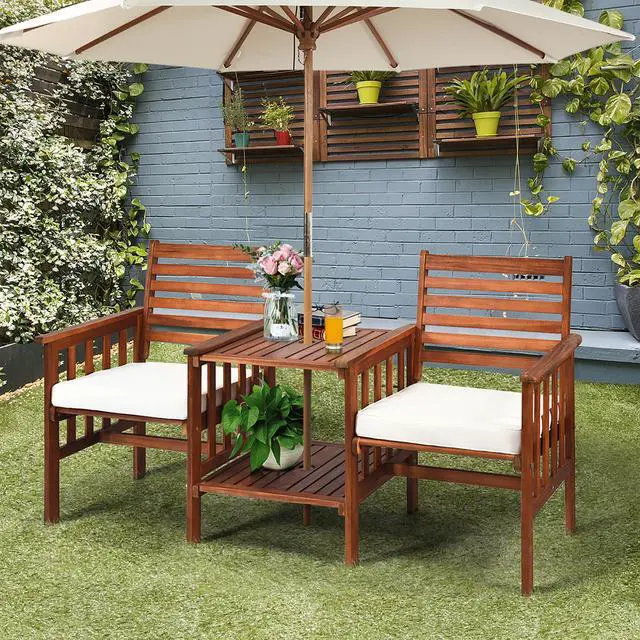 Alt view image 2 of 7 - Costway Patio Loveseat Conversation Set Acacia Wood Chair Coffee Table Cushioned White