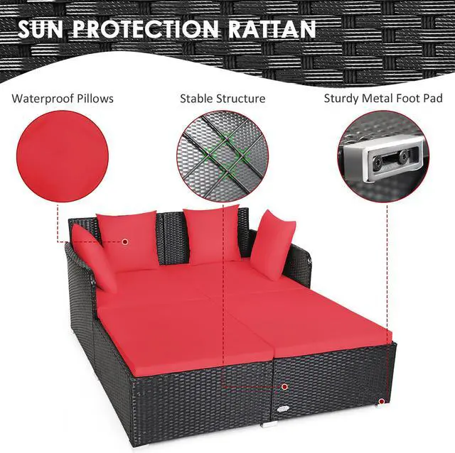 Alt view image 6 of 7 - Costway Outdoor Patio Rattan Daybed Thick Pillows Cushioned Sofa Furniture Red