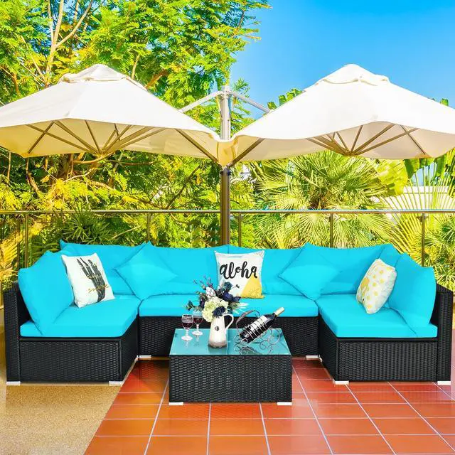 Alt view image 5 of 7 - Costway 7PCS Patio Wicker Sofa Set Sectional Conversation Furniture Set Garden Turquoise