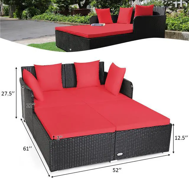 Alt view image 3 of 7 - Costway Outdoor Patio Rattan Daybed Thick Pillows Cushioned Sofa Furniture Red