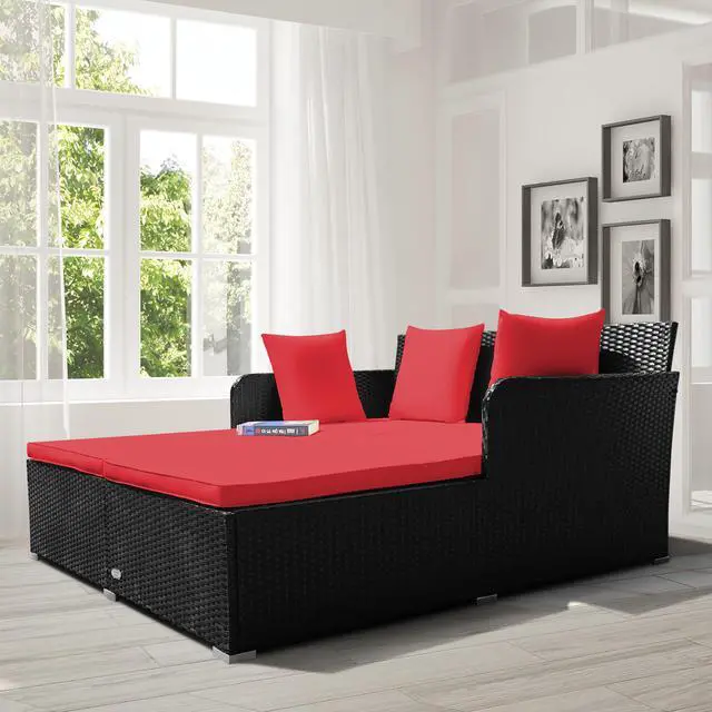 Alt view image 2 of 7 - Costway Outdoor Patio Rattan Daybed Thick Pillows Cushioned Sofa Furniture Red