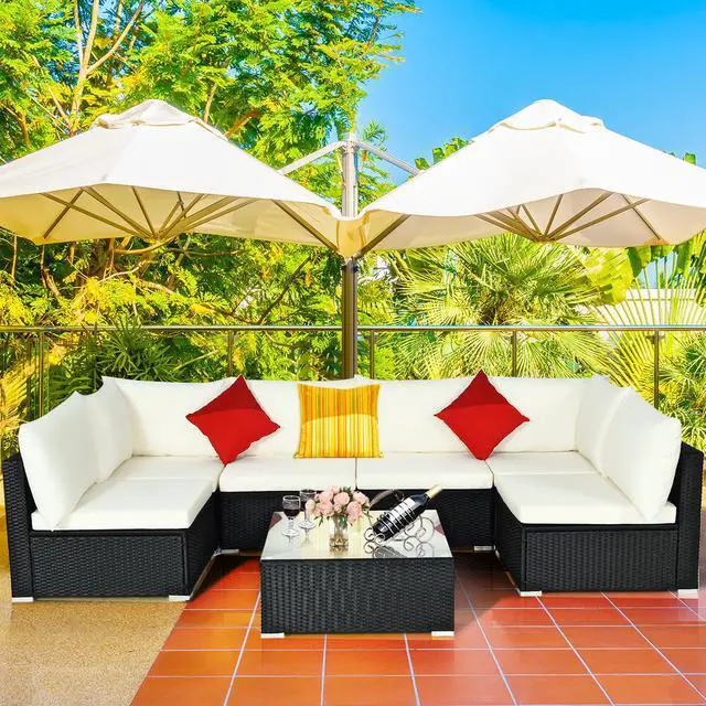 Alt view image 3 of 6 - Costway 7PCS Patio Rattan Sofa Set Sectional Conversation Furniture Set Garden Beige