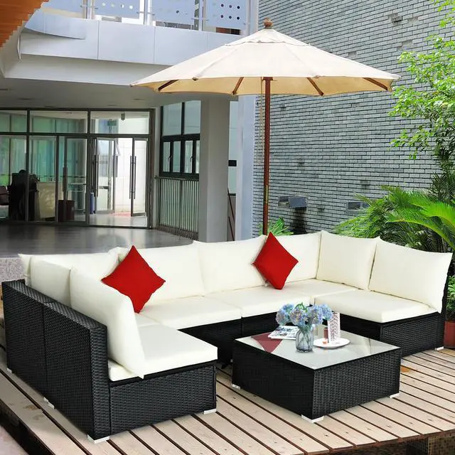 Alt view image 4 of 6 - Costway 7PCS Patio Rattan Sofa Set Sectional Conversation Furniture Set Garden Beige