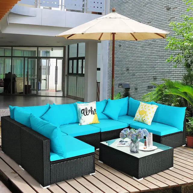 Alt view image 6 of 7 - Costway 7PCS Patio Wicker Sofa Set Sectional Conversation Furniture Set Garden Turquoise