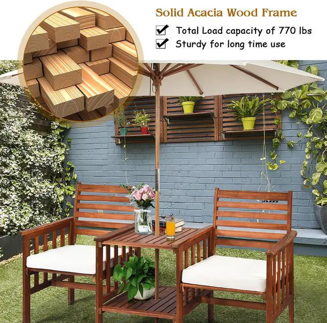 Alt view image 6 of 7 - Costway Patio Loveseat Conversation Set Acacia Wood Chair Coffee Table Cushioned White