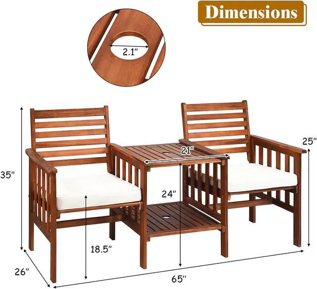 Alt view image 4 of 7 - Costway Patio Loveseat Conversation Set Acacia Wood Chair Coffee Table Cushioned White