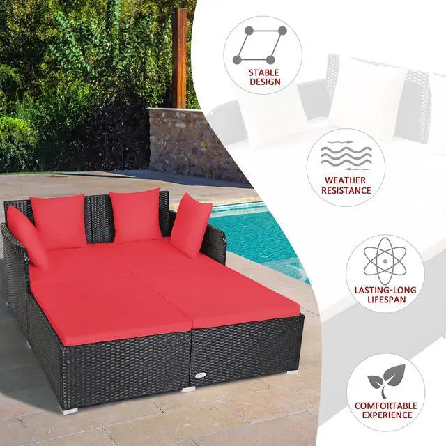 Alt view image 5 of 7 - Costway Outdoor Patio Rattan Daybed Thick Pillows Cushioned Sofa Furniture Red