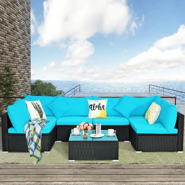 Alt view image 4 of 7 - Costway 7PCS Patio Wicker Sofa Set Sectional Conversation Furniture Set Garden Turquoise