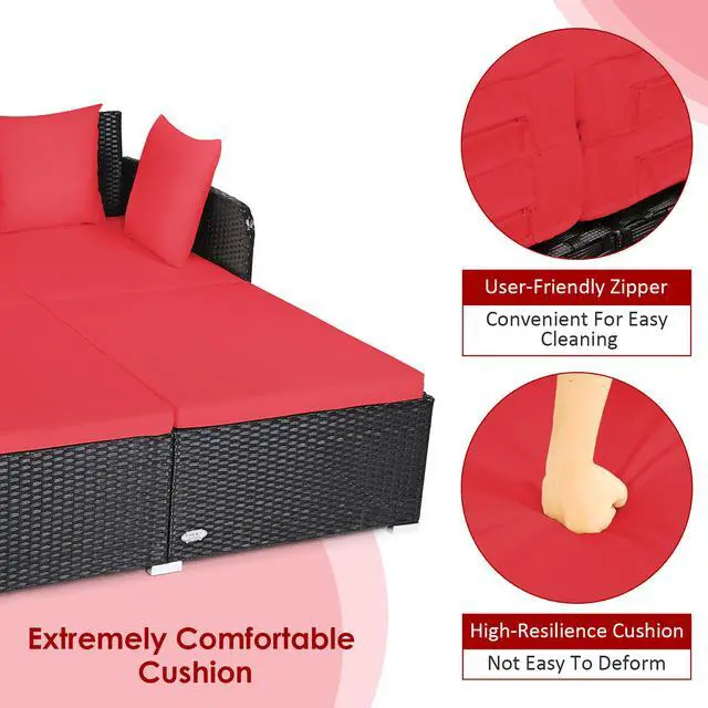 Alt view image 7 of 7 - Costway Outdoor Patio Rattan Daybed Thick Pillows Cushioned Sofa Furniture Red