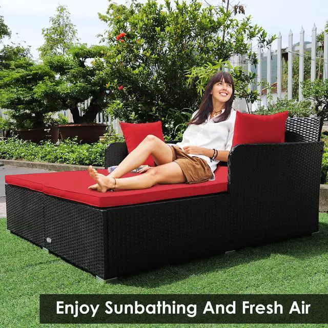 Alt view image 4 of 7 - Costway Outdoor Patio Rattan Daybed Thick Pillows Cushioned Sofa Furniture Red