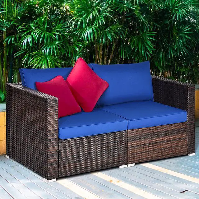 Alt view image 2 of 6 - Costway 2PCS Patio Rattan Corner Sofa Sectional Furniture Navy Cushion