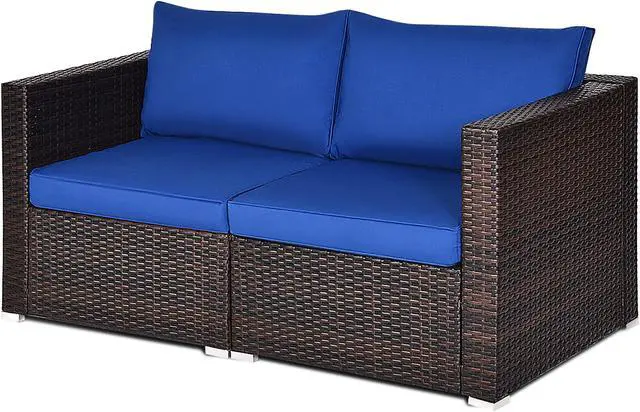 Alt view image 4 of 6 - Costway 4PCS Patio Rattan Corner Sofa Sectional Furniture Set Navy Cushion