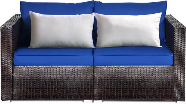 Alt view image 4 of 6 - Costway 2PCS Patio Rattan Corner Sofa Sectional Furniture Navy Cushion