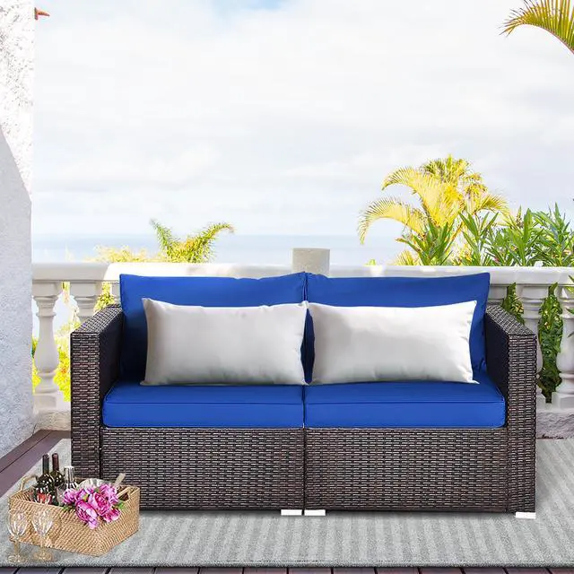 Alt view image 2 of 6 - Costway 4PCS Patio Rattan Corner Sofa Sectional Furniture Set Navy Cushion