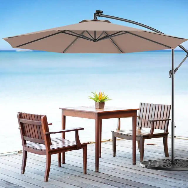 Main image of Costway 10' Hanging Solar LED Umbrella Patio Garden Sun Shade Offset Market W/Base Tan