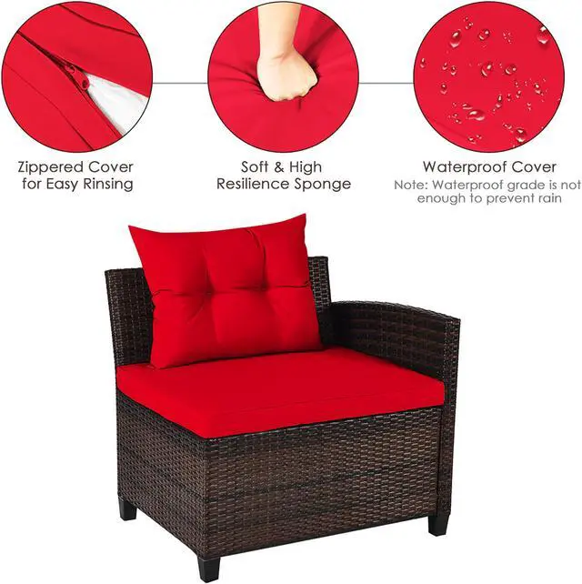Alt view image 6 of 7 - Costway 4PCS Outdoor Patio Rattan Furniture Set Cushioned Sofa Table Red
