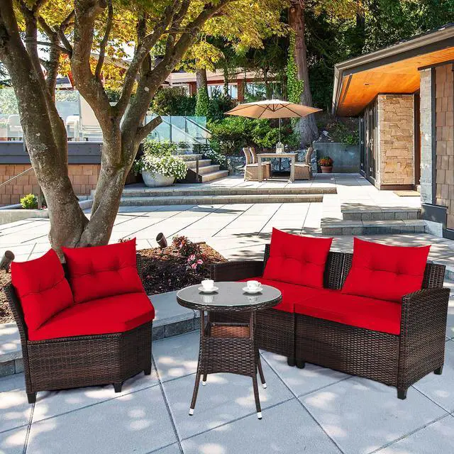 Main image of Costway 4PCS Outdoor Patio Rattan Furniture Set Cushioned Sofa Table Red