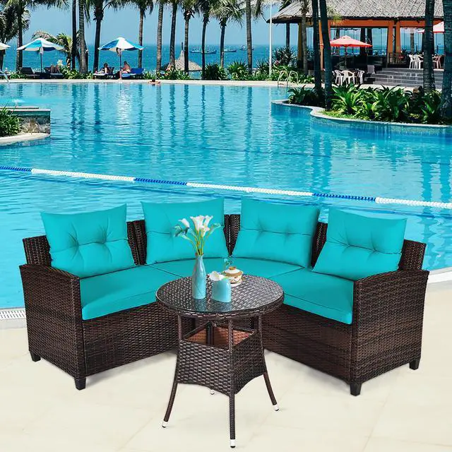 Alt view image 2 of 7 - Costway 4PCS Outdoor Patio Rattan Furniture Set Cushioned Sofa Table Turquoise