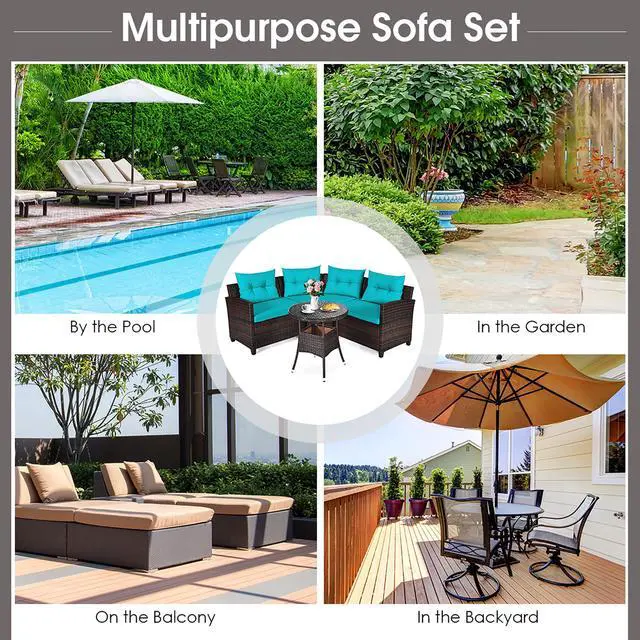 Alt view image 4 of 7 - Costway 4PCS Outdoor Patio Rattan Furniture Set Cushioned Sofa Table Turquoise