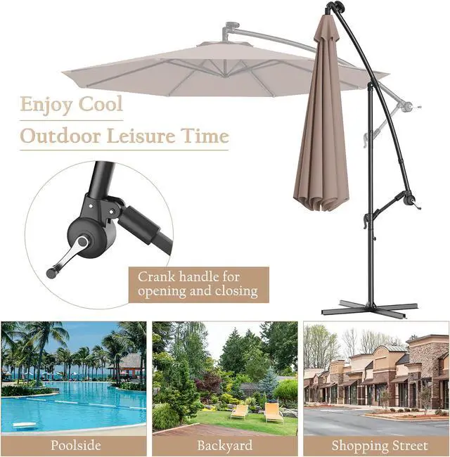 Alt view image 4 of 7 - Costway 10' Hanging Solar LED Umbrella Patio Garden Sun Shade Offset Market W/Base Tan