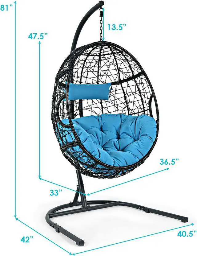 Alt view image 2 of 7 - Hammock Chair with Stand Hanging Cushioned Swing Egg Chair for Indoor Blue