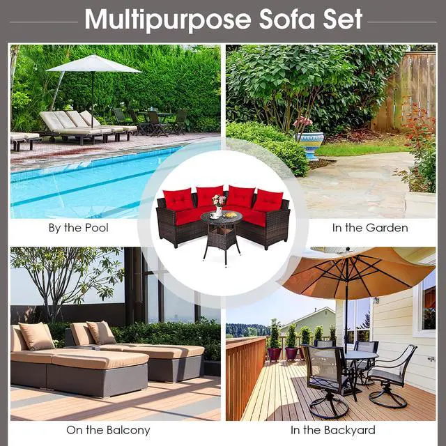 Alt view image 4 of 7 - Costway 4PCS Outdoor Patio Rattan Furniture Set Cushioned Sofa Table Red