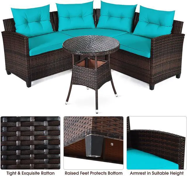 Alt view image 6 of 7 - Costway 4PCS Outdoor Patio Rattan Furniture Set Cushioned Sofa Table Turquoise