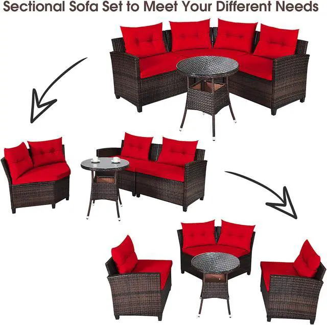 Alt view image 3 of 7 - Costway 4PCS Outdoor Patio Rattan Furniture Set Cushioned Sofa Table Red