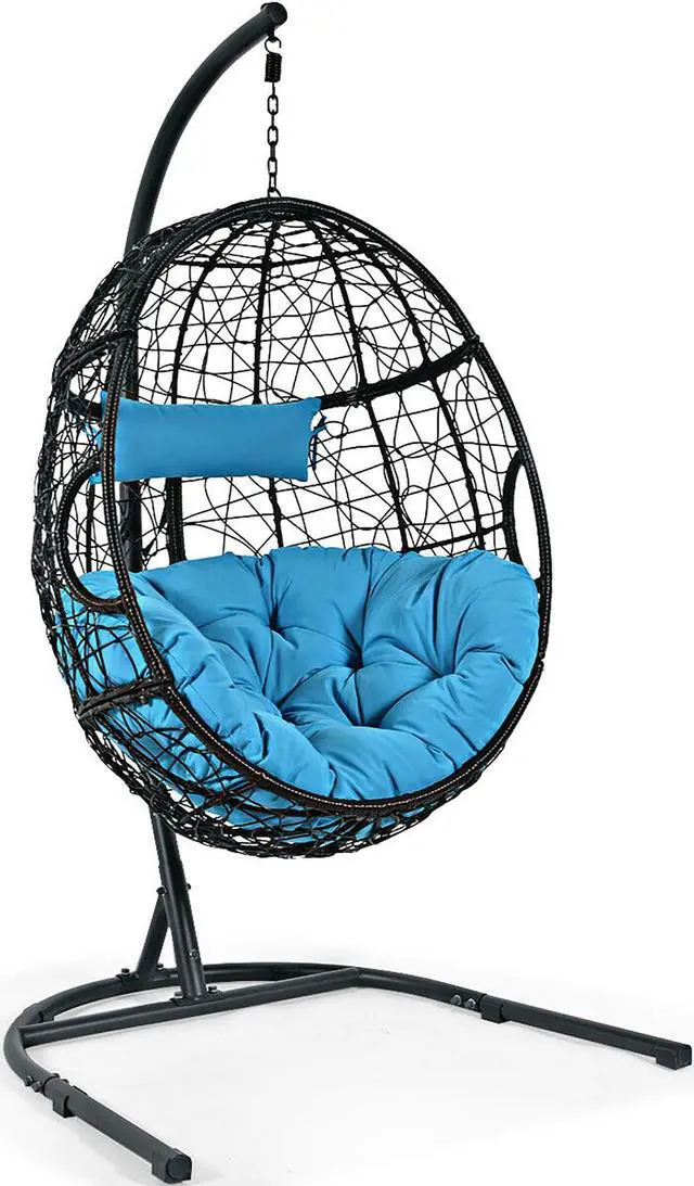 Alt view image 3 of 7 - Hammock Chair with Stand Hanging Cushioned Swing Egg Chair for Indoor Blue